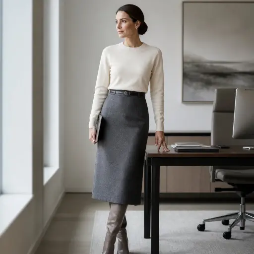 15 Professional Office Outfit Ideas to Elevate Your Work Wardrobe 6 . High-Waisted Midi Skirt + Crewneck Knit Sweater