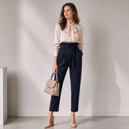 15 Professional Office Outfit Ideas to Elevate Your Work Wardrobe 10 The Silk Blouse + High-Waisted Paperbag Pants