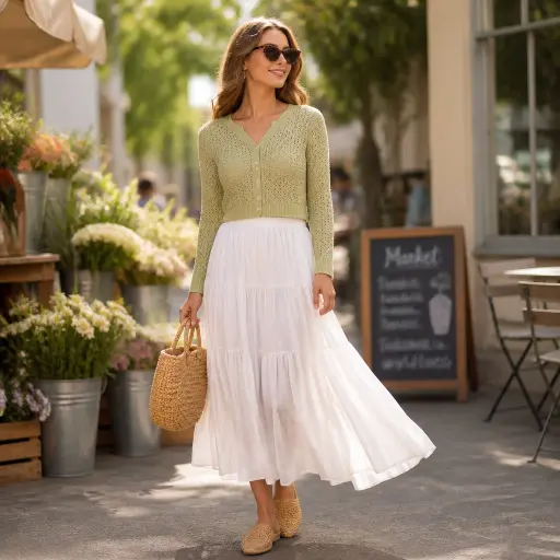 15 Effortless Vacation Outfits for Your Next Getaway 6 The Coastal Cafe Look: Poplin Cotton Midi Skirt + Cropped Cardigan