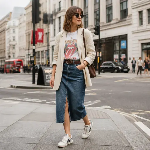 15 Effortless Vacation Outfits for Your Next Getaway 10 8. The Trendy City Break: Denim Midi Skirt + Graphic Tee + Blazer