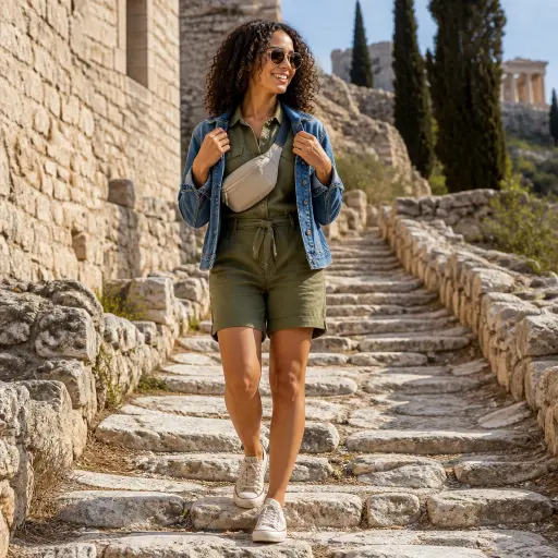 15 Effortless Vacation Outfits for Your Next Getaway 11 10. The Historic Walkway: Romper + Tailored Denim Jacket