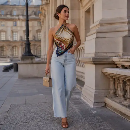 15 Effortless Vacation Outfits for Your Next Getaway 12 12. The Museum Hopping Look: Silk Scarf Top + High-Waisted Wide Jeans