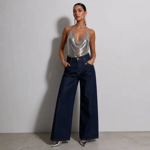 3. The Vintage Chainmail Top + Dark-Wash Wide Denim