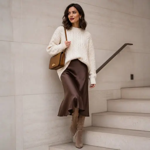 1. The Cable-Knit Crewneck + Satin Slip Skirt