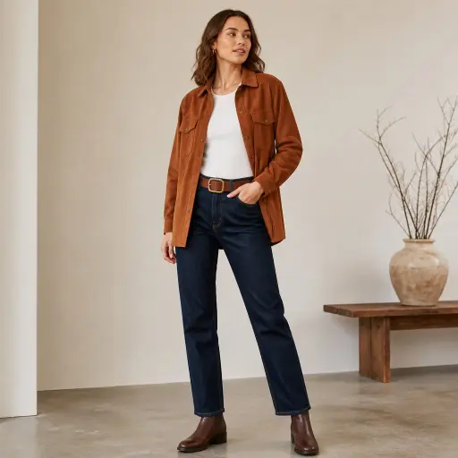 2. Suede Shacket + High-Waisted Straight Denim