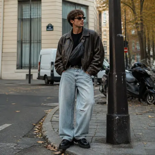 4. Oversized Leather Bomber + Distressed Wide Denim
