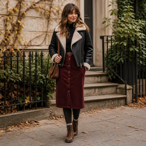 9. Faux-Fur Trimmed Aviator Jacket + Corduroy Skirt
