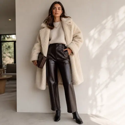11. The Teddy Shearling Coat + Tailored Leather Trousers