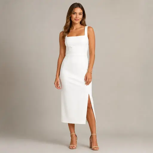 1. The Sculptural White Crepe Midi Dress