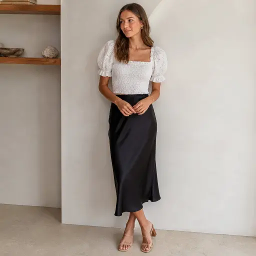 5. The Romantically Smocked Eyelet Blouse + Satin Slip Skirt