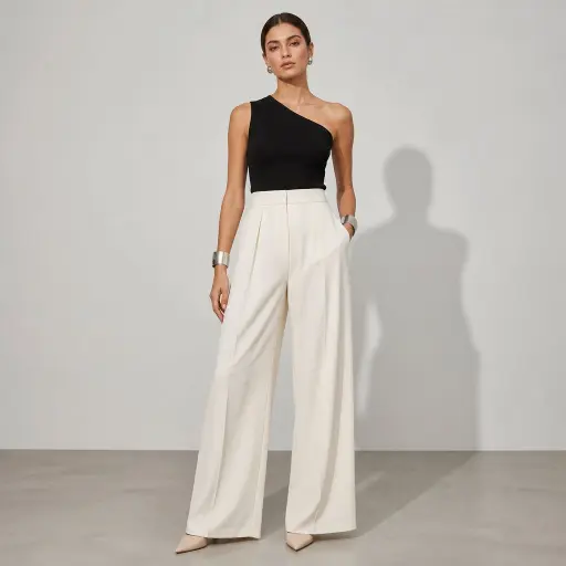 6. The Asymmetric One-Shoulder Top + Pleated Wide-Leg Trousers