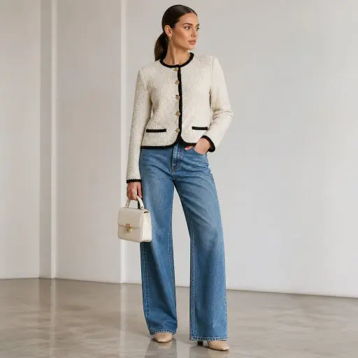 14. The Bouclé Cardigan Jacket + Wide-Leg Denim