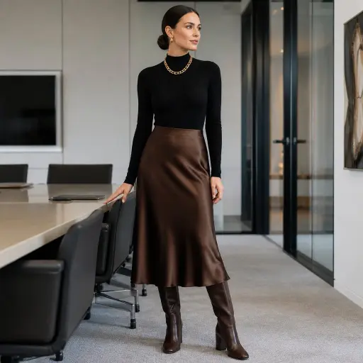 2. The Fine-Knit Mock Neck + Satin Midi Skirt