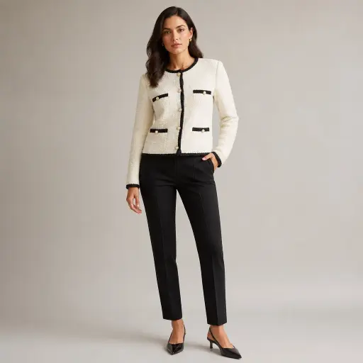6. The Bouclé Cardigan Jacket + Tailored Slim Trousers