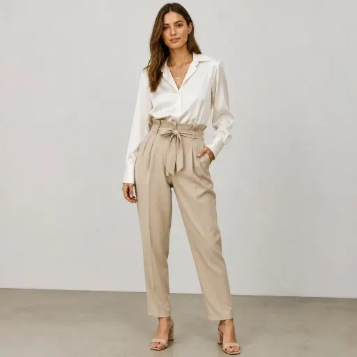 8. The Fluid Silk Blouse + High-Waisted Paperbag Pants