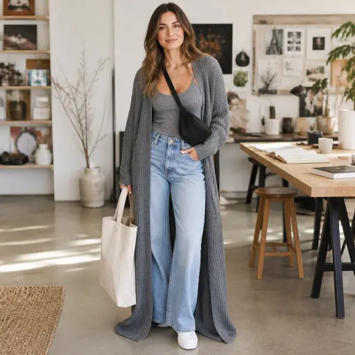 9. The Longline Cardigan + Ribbed Knit Top + Wide-Leg Denim