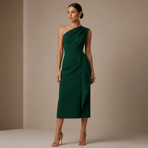 The 15 Ultimate Guide to Perfecting Your Next Wedding Outfit Ideas 4 1. The Sculptural Asymmetric Crepe Midi Dress