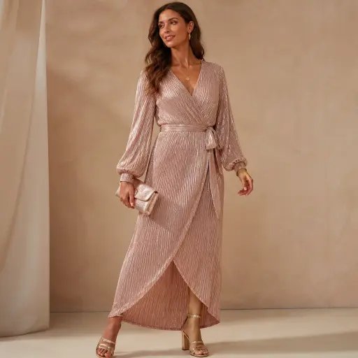 The 15 Ultimate Guide to Perfecting Your Next Wedding Outfit Ideas 6 3. The Pleated Plissé Wrap Maxi Dress