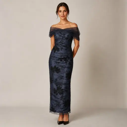 The 15 Ultimate Guide to Perfecting Your Next Wedding Outfit Ideas 8 5. The Off-The-Shoulder Organza Column Dress