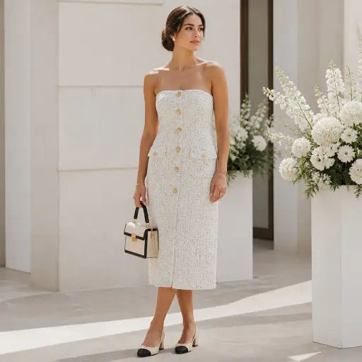 The 15 Ultimate Guide to Perfecting Your Next Wedding Outfit Ideas 14 13. The Strapless Bouclé Midi Dress
