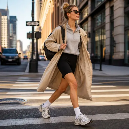 10. The Quarter-Zip Fleece Pullover + Bike Shorts + Trench
