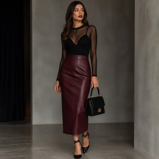 3. The Vegan Leather Column Midi Skirt + Sheer Bodysuit
