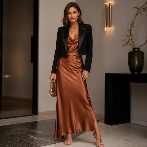 5. The Liquid Satin Cowl-Neck Maxi + Cropped Tuxedo Blazer