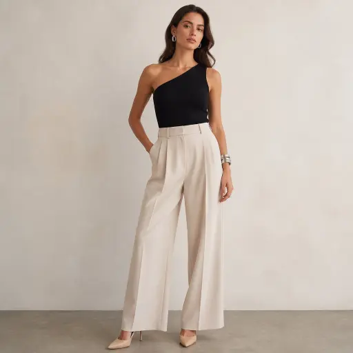5. The Asymmetric One-Shoulder Top + Pleated Wide-Leg Trousers