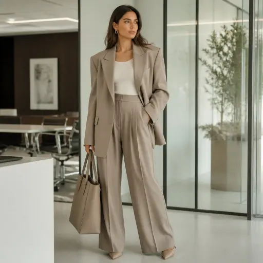 1. The Strong-Shouldered Blazer + High-Rise Fluid Trousers