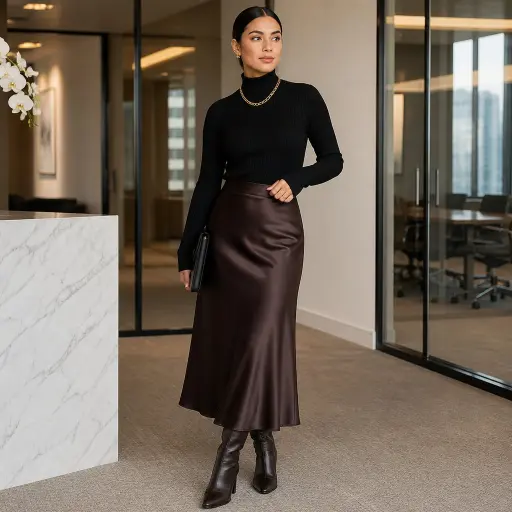 3. The Fine-Knit Mock Neck + Satin Midi Skirt + Knee Boots