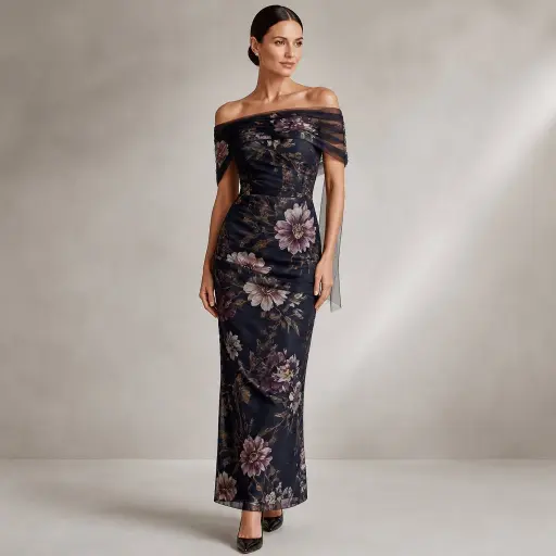 5. The Off-The-Shoulder Organza Column Dress