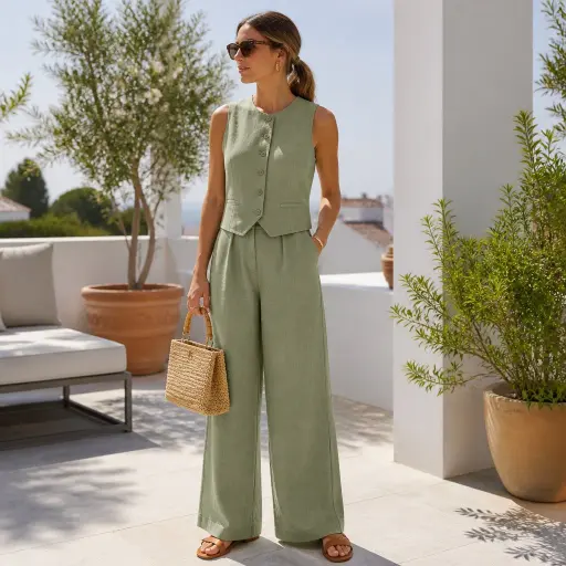 2. The Tailored Linen Vest + Wide-Leg Trousers