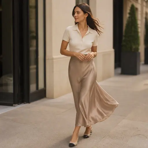 4. The Fine-Knit Polo Top + Satin Midi Slip Skirt