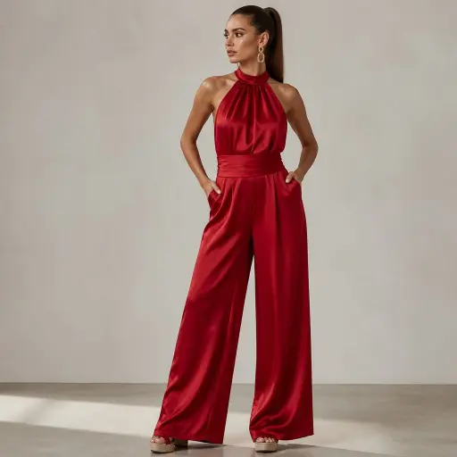 10 Gorgeous Engagement Party Look Concepts That Look Incredibly Classy 6 5. The Halter-Neck Fluid Silk Jumpsuit