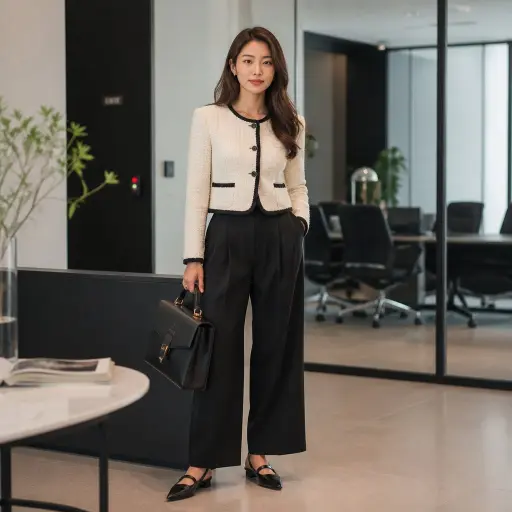 2. The Structured Bouclé Jacket + Tailored Wide-Leg Trouser