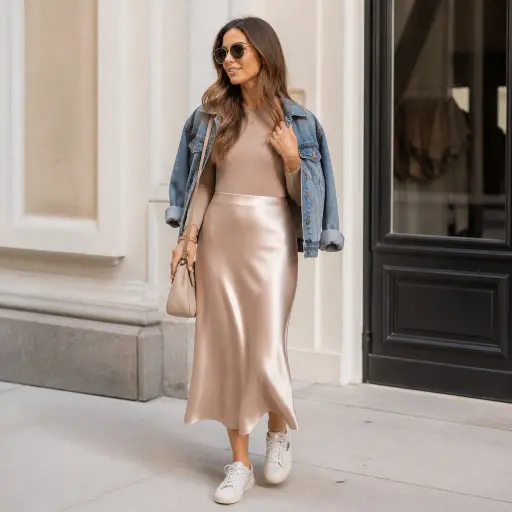 3. The Seamless Bodysuit + Heavy Satin Midi Skirt + Casual Layer