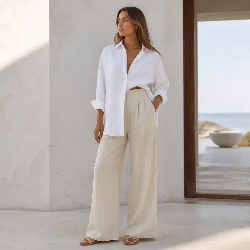1. The Oversized Poplin Button-Down + High-Rise Linen Trouser