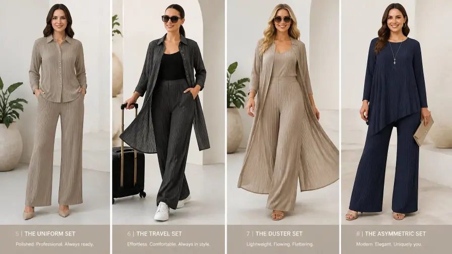 Smart and Comfortable Travel Outfit Ideas for Long Haul Flights 5 2. The Micro-Pleated Plissé Standard (Wrinkle-Free Precision)