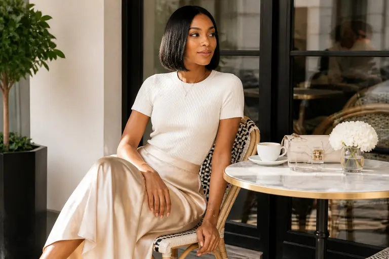 Fluid Silk Midi Skirt and Fine Knit